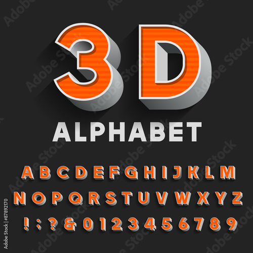 3D retro type font with shadow. Vector Alphabet.
3D effect vintage letters, numbers and punctuation marks. Stock vector for your headlines, posters etc.