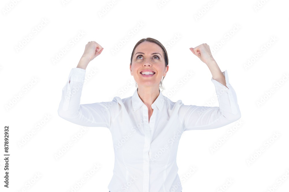 Businesswoman cheering with arms up Businesswoman cheering with arms up