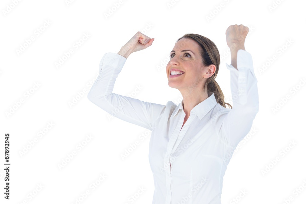 Businesswoman cheering with arms up Businesswoman cheering with arms up