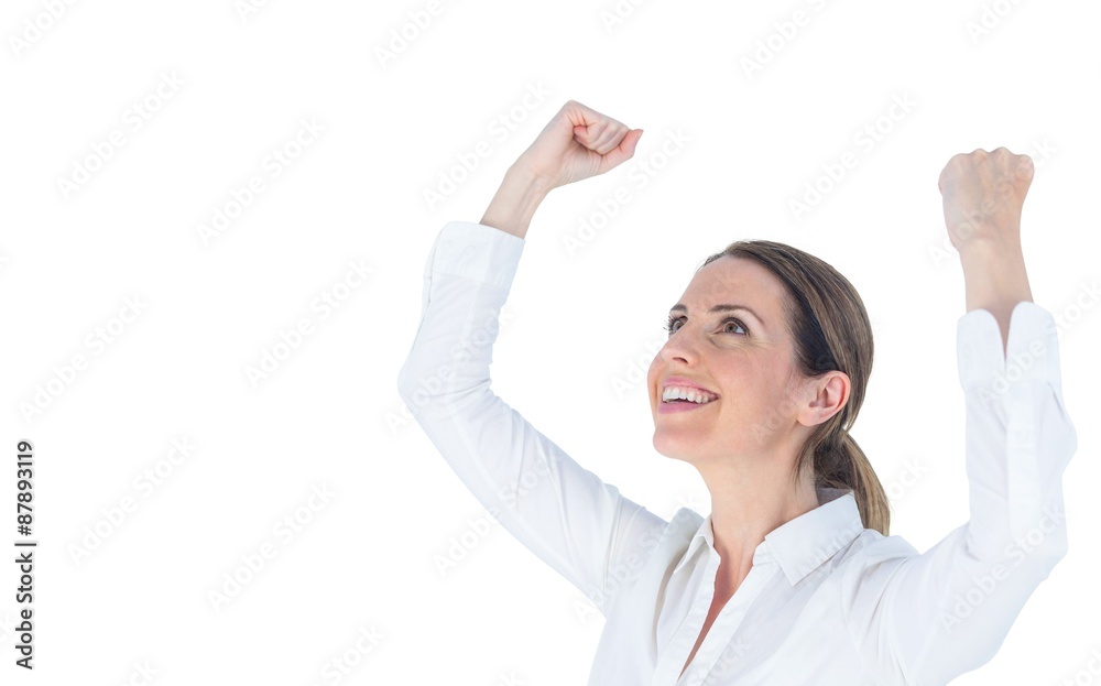 Close up of a businesswoman cheering with arms up Close up of a businesswoman cheering with arms up