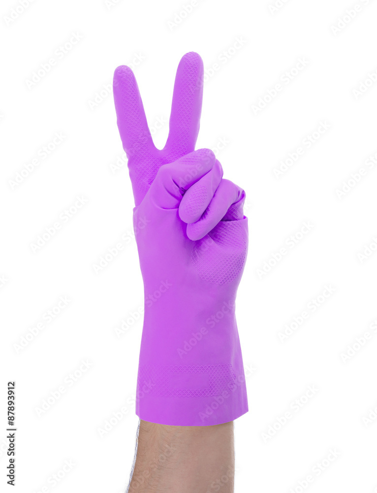 Obraz premium Hand in rubber gloves gesturing, close up