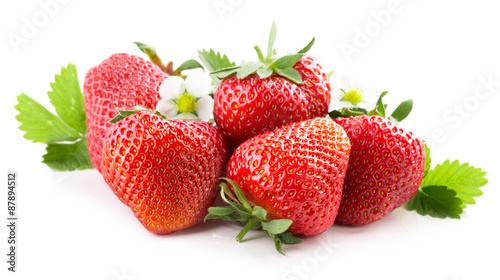 Strawberries with leaves isolated on the white background