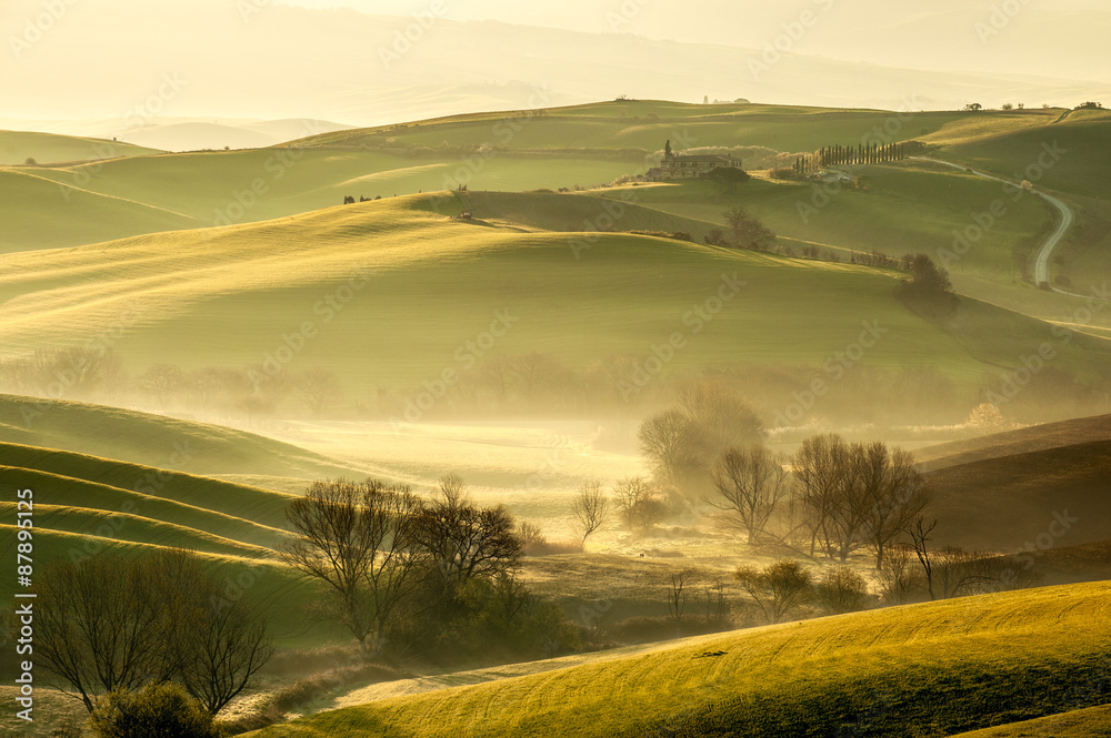 Green fields in spring day in Tuscany, Italy