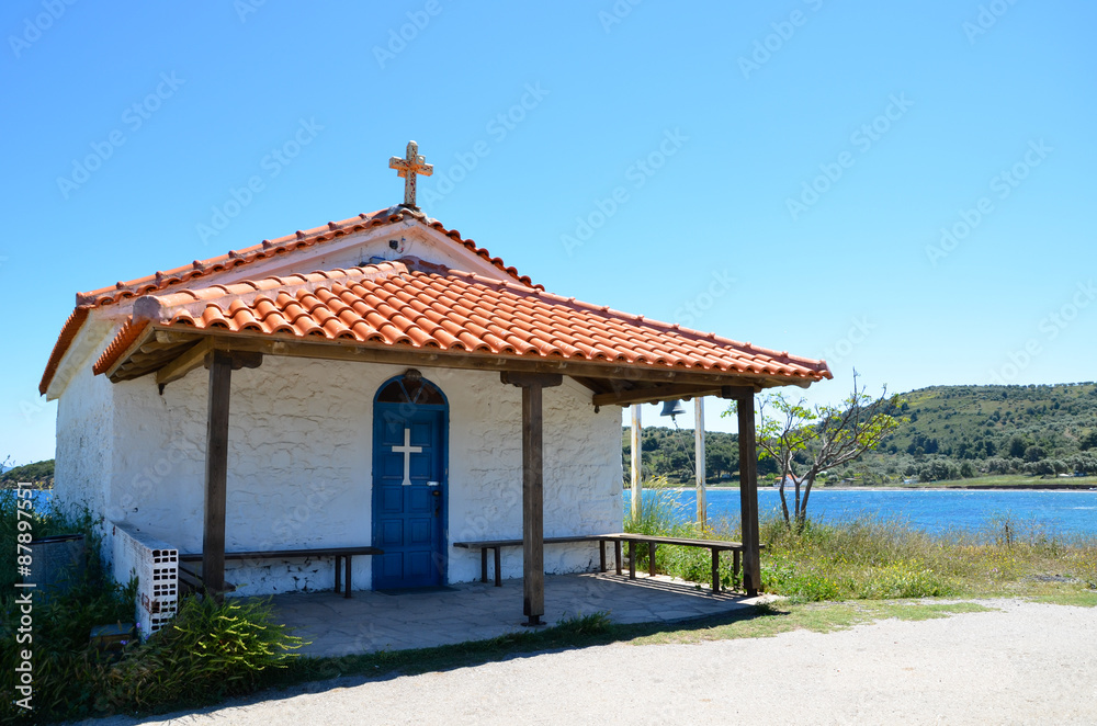Beautiful little church chapel style with cross and bell isolate Beautiful little church chapel style with cross and bell isolate