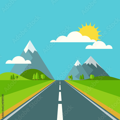 Vector summer or spring landscape background. Road in green vall