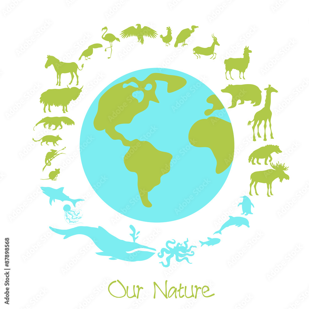 Fototapeta premium Different animal silhouettes in circle around the planet earth