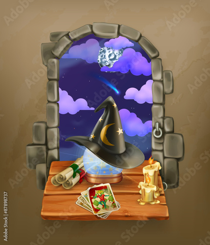 Window in the castle, magic and astrology vector illustration