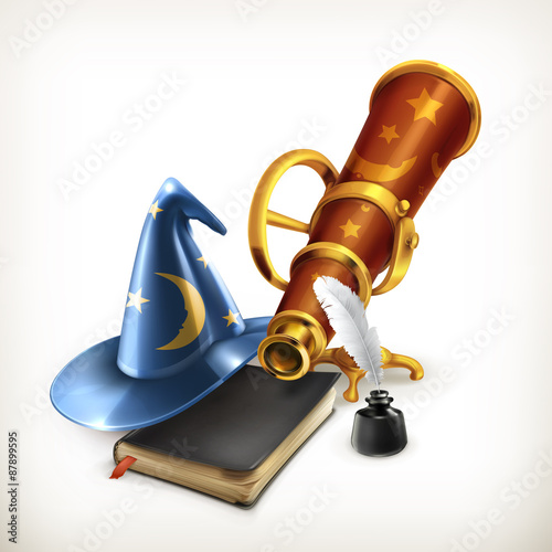 Magician hat and telescope, vector illustration