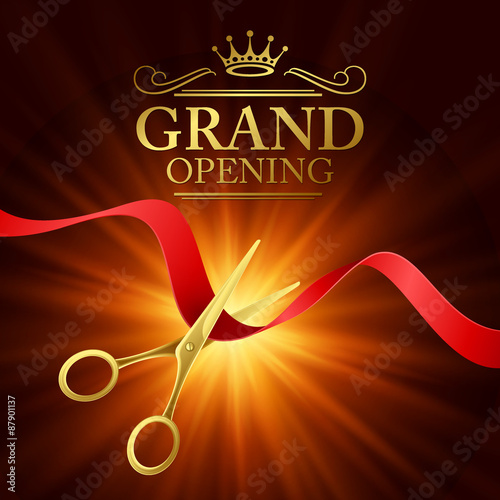 Grand opening illustration with red ribbon and gold scissors