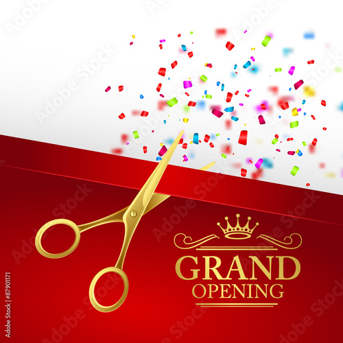 Grand opening illustration with red ribbon and gold scissors