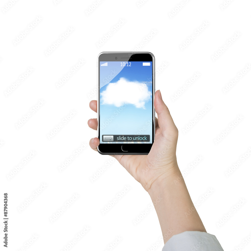 Female hand holding smart phone with white cloud application