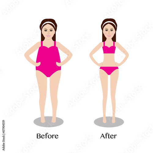 Fat and slim woman figures, before and after weight loss isolate