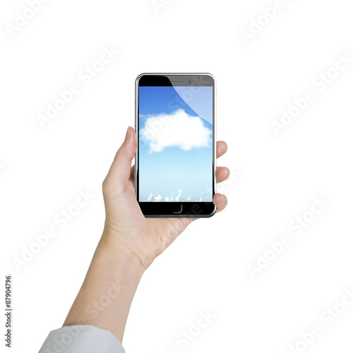 Woman hand holding smart phone with white cloud application