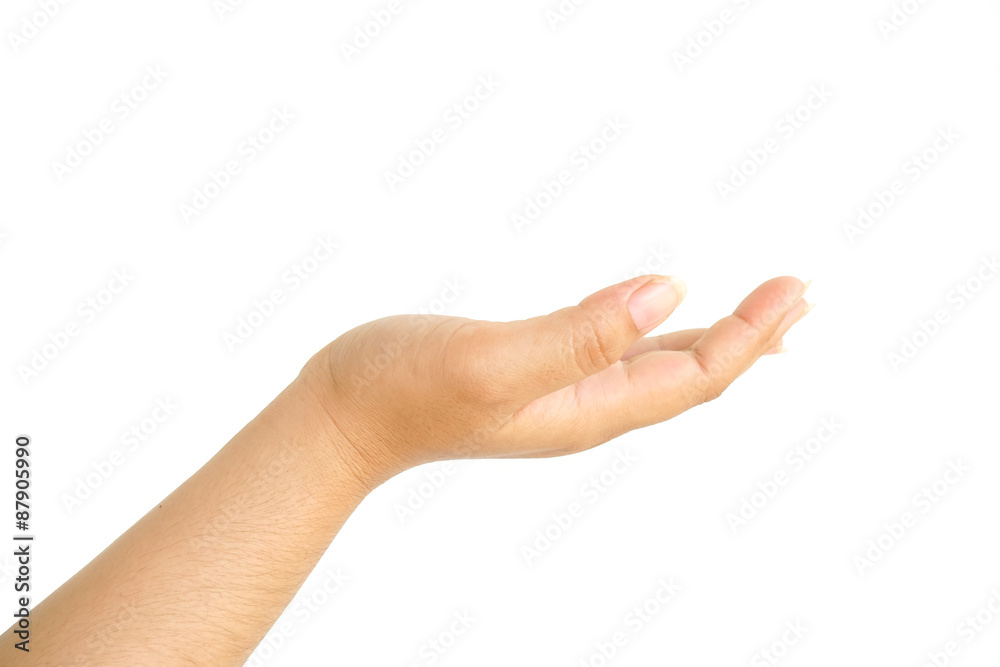 Empty female hand pretending holding something, isolated on white background Empty female hand pretending holding something, isolated on white background