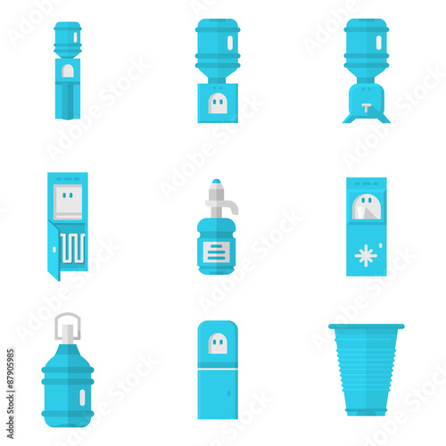 Blue water coolers flat icons set