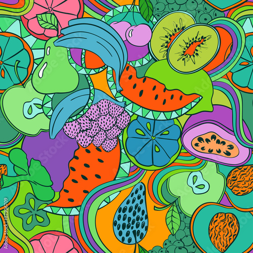 Psychedelic colorful fruit seamless pattern.