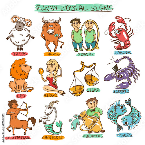 Funny Set of Twelve Isolated Zodiac Signs.
