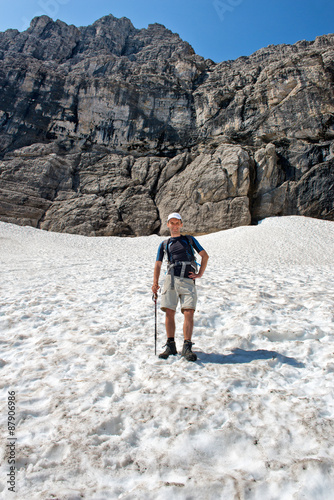 Male Hiker standing on a snow field