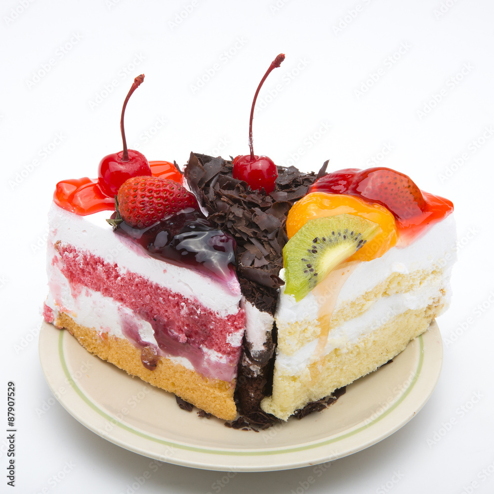 Three different pieces of cake. Isolated on white background Three different pieces of cake. Isolated on white background