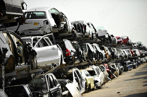 Canvas Print Wrecked car junkyard