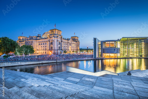 Government district of Berlin with Reichstag and Bundesrat buildings at dusk, Germany
