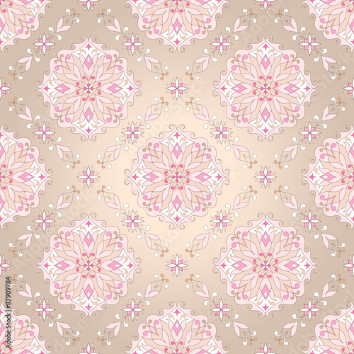 Floral pink seamless texture on beige.
