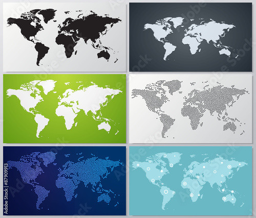 Collection of world map illustrations. 6 different versions. 