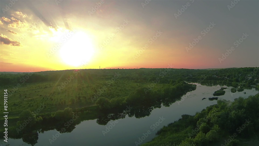 Flight over river in sunrise, sunset time. Aerial Flight over river in sunrise, sunset time. Aerial