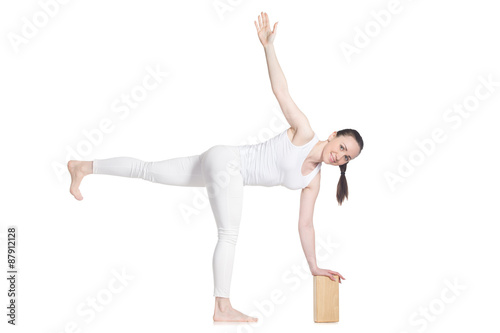 Yoga with props, pose Parivritta Ardha Chandrasana
