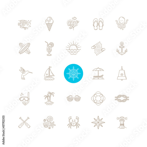 Line drawing vector icon set - Summer vacation, holidays and travel emblems signs and symbols