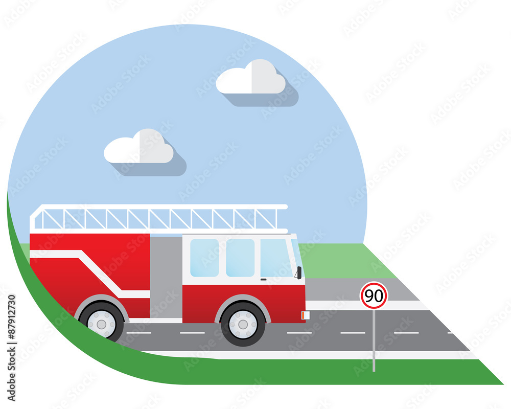 Fototapeta premium Flat design vector illustration city Transportation, fire truck, side view icon