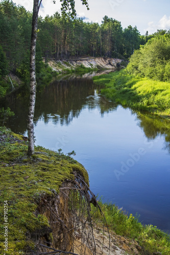 Landscape background small forest river with forest on the banks