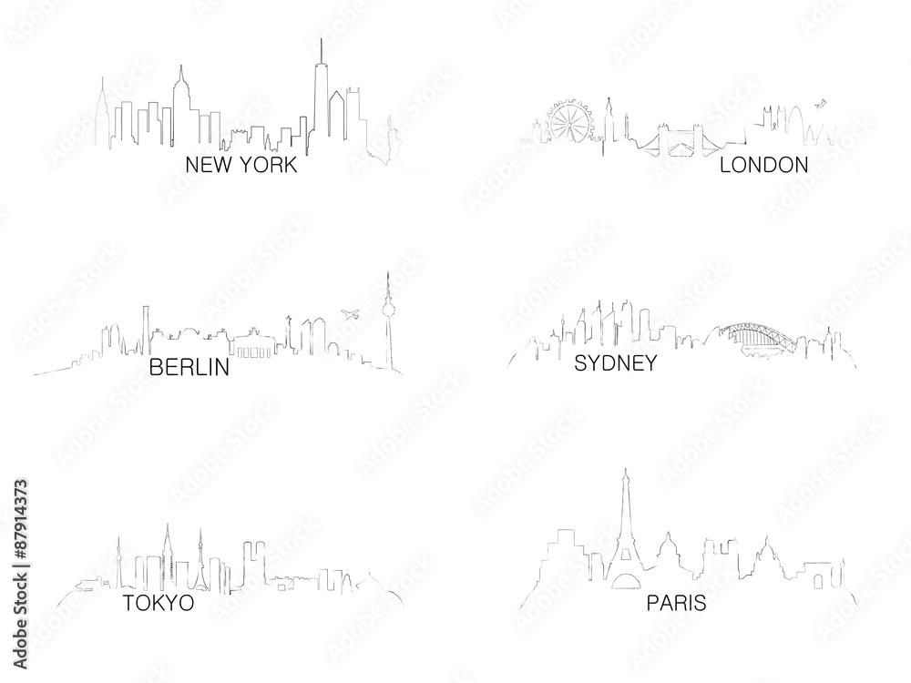 skylines of New York Tokyo Berlin Paris London and Berlin.