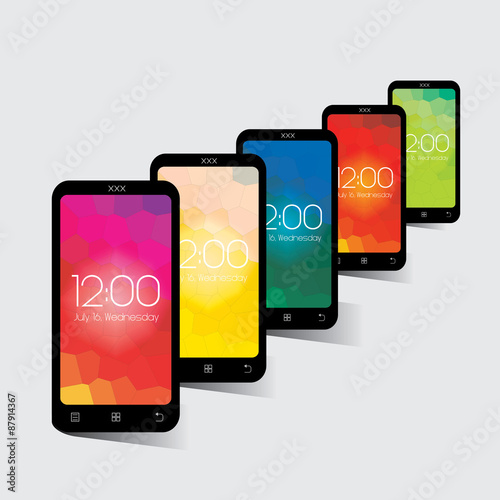 Series of same mobile in different colourful display screen.