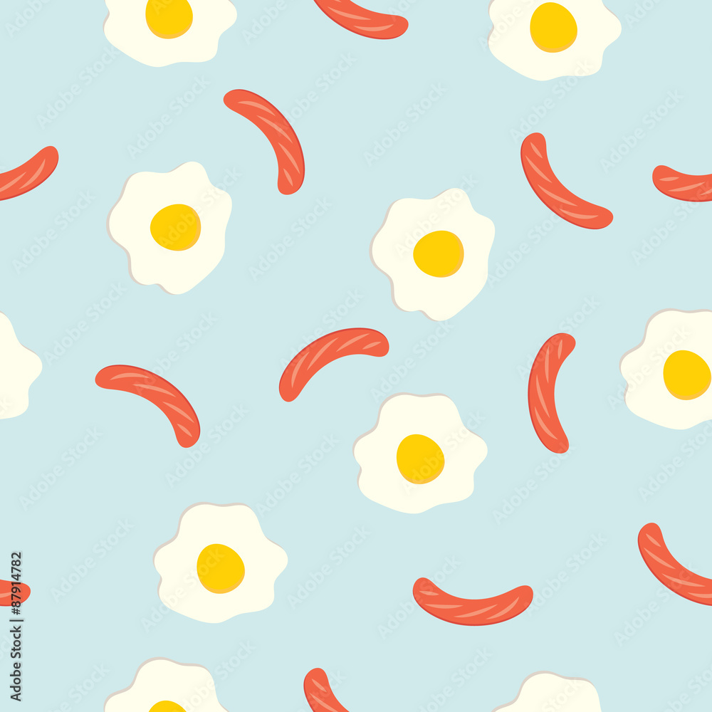 Breakfast seamless background with fried eggs and sausage.