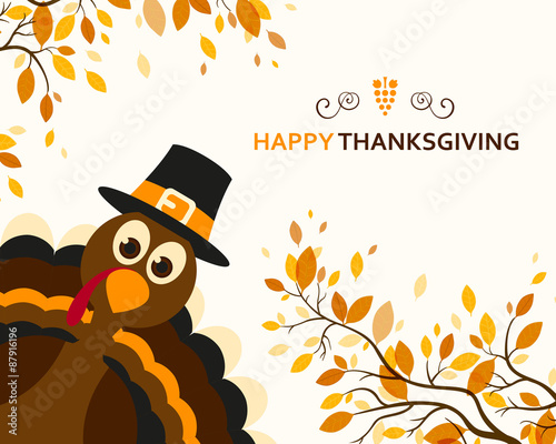 Vector Illustration of a Happy Thanksgiving Celebration Design with Cartoon Turkey and Autumn Leaves photo