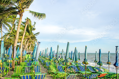 Beach chairs at Bang Saen beach, Thailand