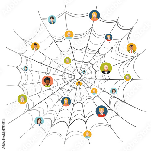 People stuck in complicated spider web, illustration isolated on