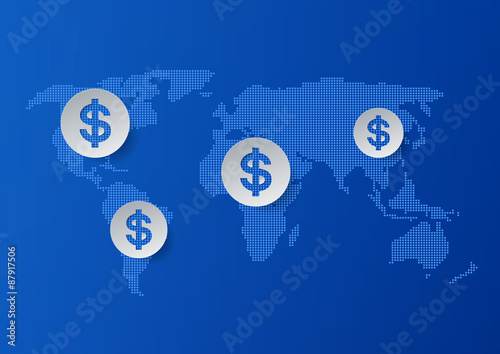 Dollar Signs on World Map Blue Background