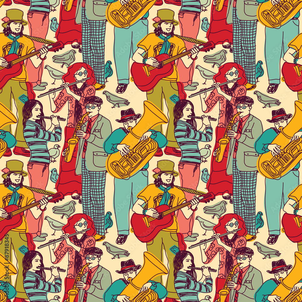 Group street musicians seamless color pattern