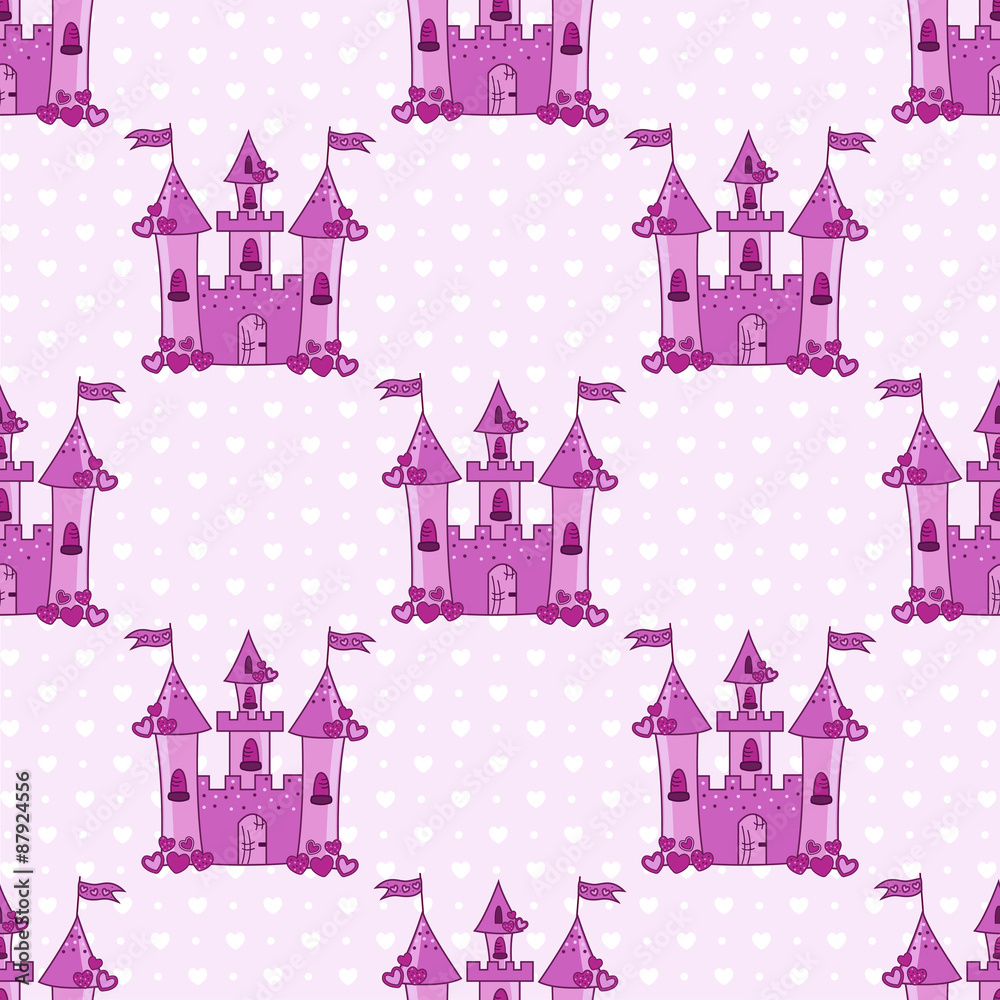 Seamless pattern with pink castles for a princess