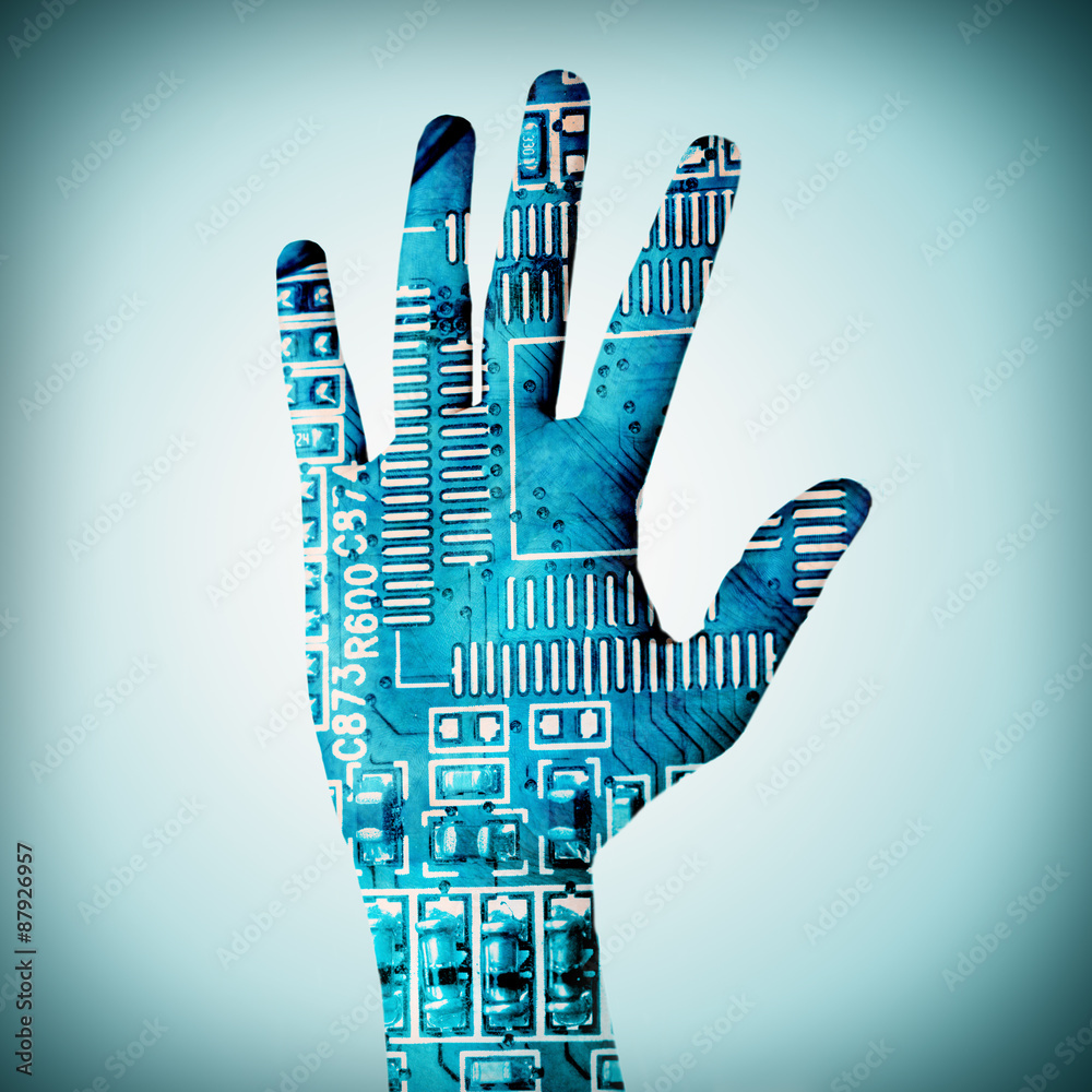 Human palm with microchip picture on it on bright color background Human palm with microchip picture on it on bright color background