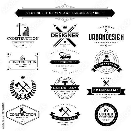 Set of black & white vintage badges and labels