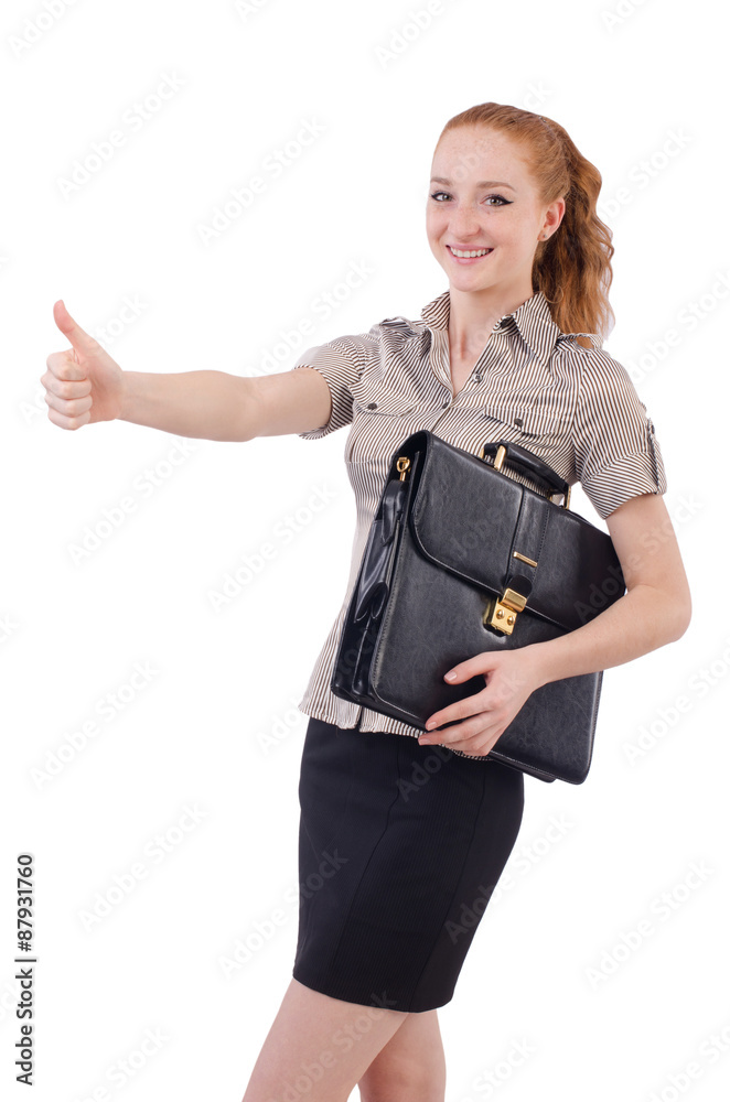 Pretty young employee with briefcase isolated on white Pretty young employee with briefcase isolated on white