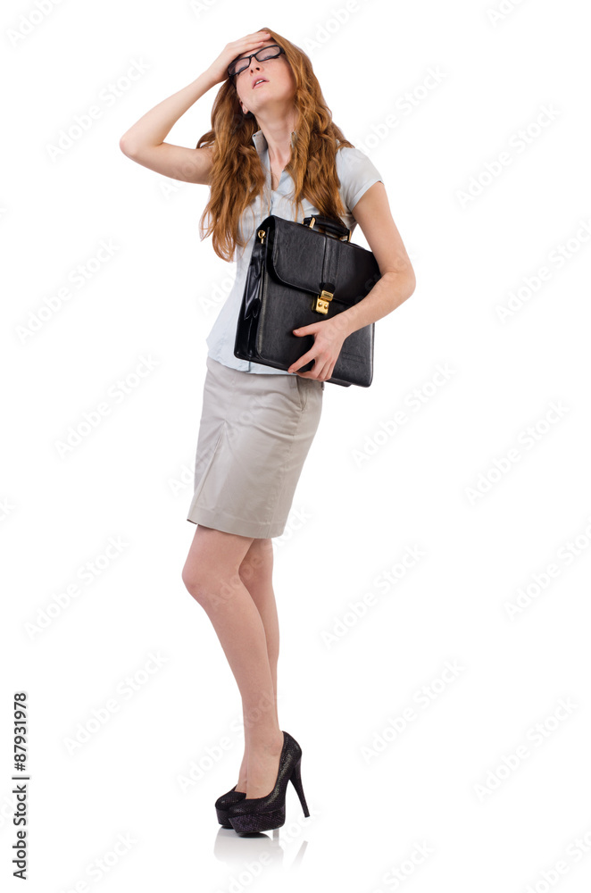 Pretty young employee with briefcase isolated on white Pretty young employee with briefcase isolated on white