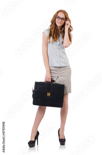 Pretty young employee with briefcase isolated on white