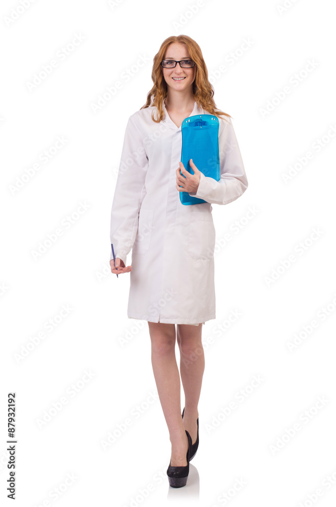 Pretty female doctor holding diary isolated on white Pretty female doctor holding diary isolated on white