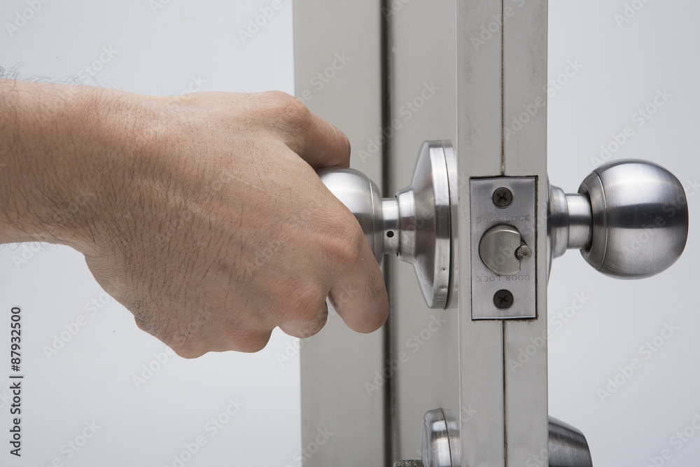 Naklejka premium Door knobs, aluminum door white background.