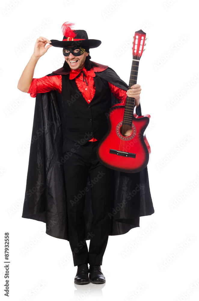 Young man in carnival coat with guitar isolated on white Young man in carnival coat with guitar isolated on white