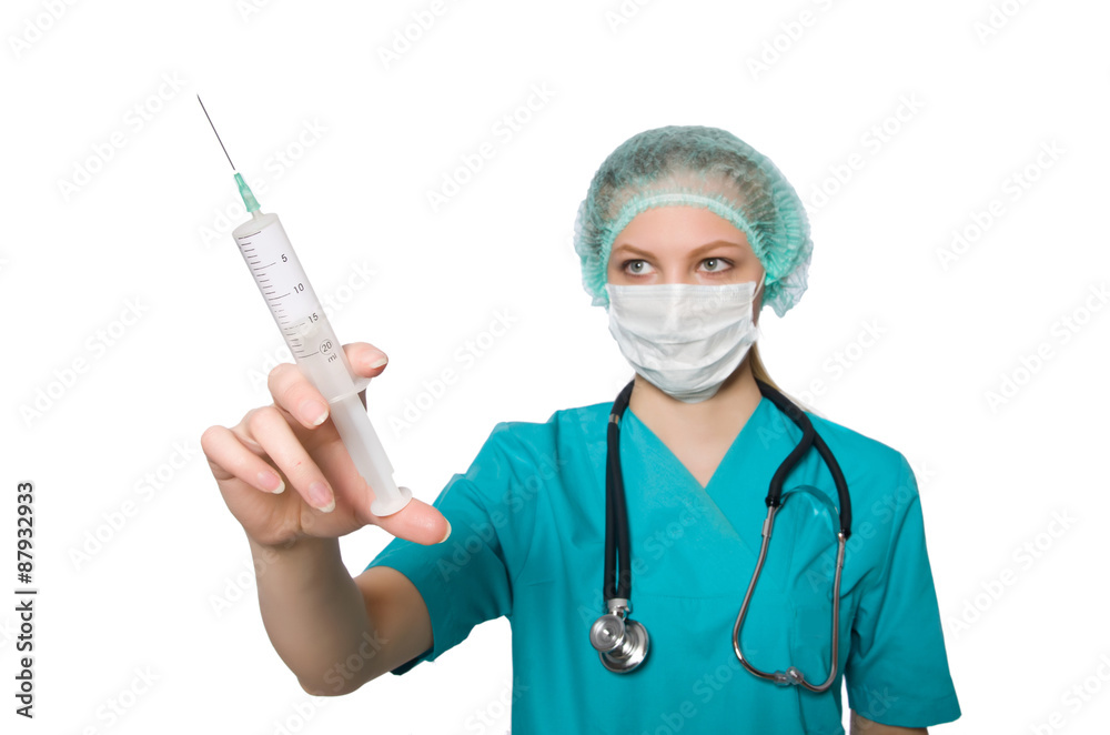 Woman doctor with syringe on white Woman doctor with syringe on white